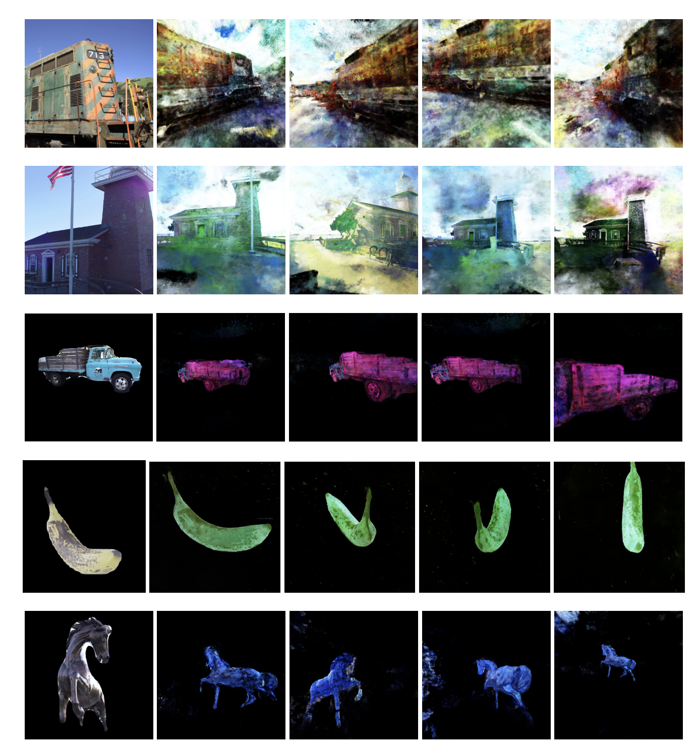Overview of adversarial examples generated by AdvIRL. The method achieves success across various scenes. The leftmost image in each row is the original, unattacked rendering, while the columns to the right show adversarial images rendered from different viewpoints after the AdvIRL attack. The adversarial noise (mainly color and texture distortions) is consistent in 3D space. Image source: (Nguyen et al., 2024)