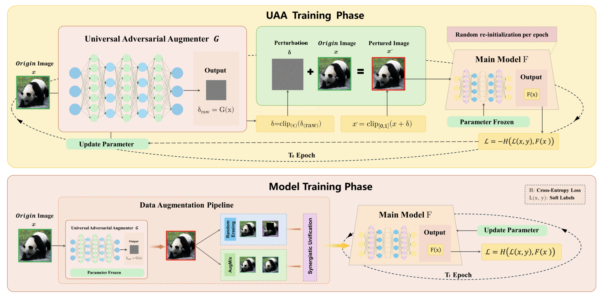 The two-stage decoupled framework of UAA. In the first stage (top), a generator G capable of producing &lsquo;universal&rsquo; adversarial perturbations is trained offline. To prevent G from overfitting, the target classifier&rsquo;s parameters are randomly re-initialized in each epoch. In the second stage (bottom), this pre-trained, fixed G serves as an efficient data augmentation tool, seamlessly integrated into the main model&rsquo;s training process. Image source: (Zhang et al., 2023)
